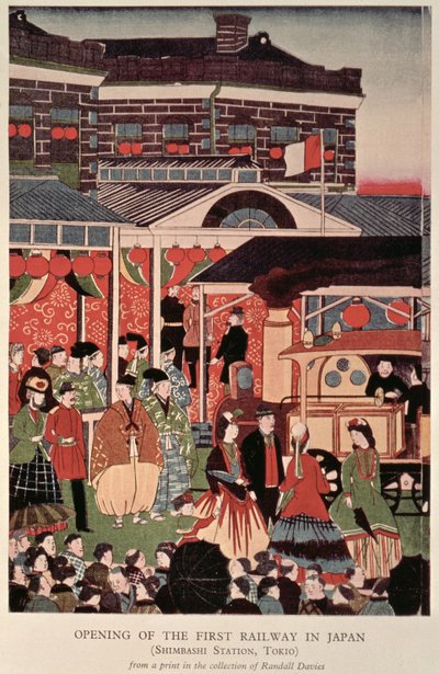 Eröffnung der ersten Eisenbahn in Japan (Shimbashi Station, Tokio), 19. Jahrhundert von Unbekannt Unbekannt
